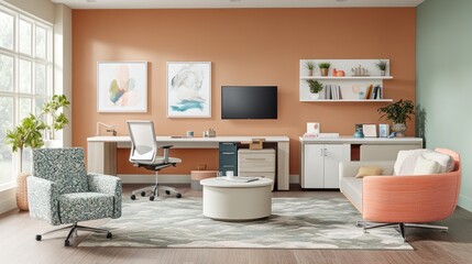 Modern home office with comfortable seating and storage