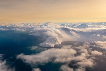 Greenlandic ice cap with frozen mountains and fjord aerial view, near Nuuk, Greenland
