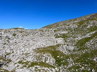 Rocks and stones above Lake Melchsee or Melch Lake and in the Uri Alps mountain massif, Melchtal - Canton of Obwalden, Switzerland (Kanton Obwald, Schweiz)