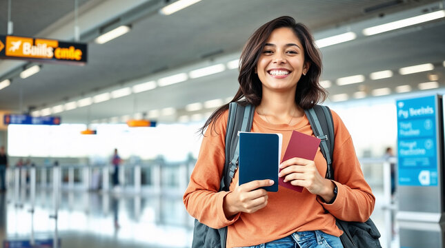 Travel, airport and excited woman with passport. travel ticket and documents for immigration, journey and flight schedule. Backpack person with identity document search for international registration