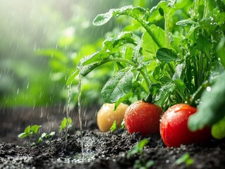 Freshly watered vegetable garden with glistening droplets on leaves and vibrant tomatoes in a lush setting. Generative AI