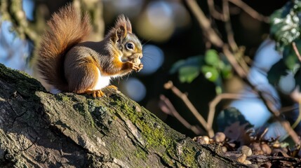 Obraz premium Red Squirrel Enjoying Nut On Mossy Branch