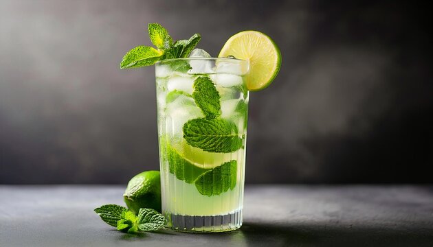 Fresh cold mojito cocktail with mint leaves and a slice of lime on grungy grey background, refreshing summer drink, product placement and copy text space