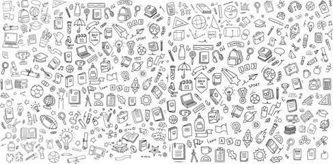 Huge set of school supplies icons. Back to school line art doodle