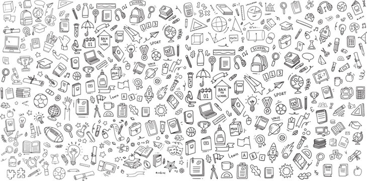Huge set of school supplies icons. Back to school line art doodle