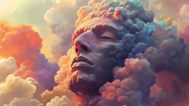 A digital artwork focused on a gargantuan head sculpture emerging from swirling, vivid clouds. Gargantuan Statues. Illustration