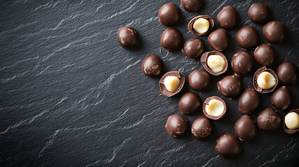 Obraz premium Delicious chocolate-covered nuts on a dark slate surface inviting sweet indulgence and gourmet enjoyment