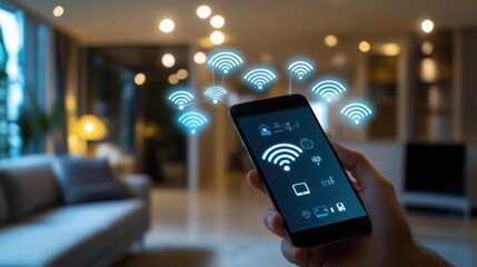 Smart home control app, wifi network, modern living room