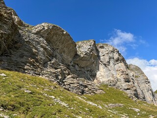 Rocks and stones above Lake Melchsee or Melch Lake and in the Uri Alps mountain massif, Melchtal - Canton of Obwalden, Switzerland (Kanton Obwald, Schweiz)