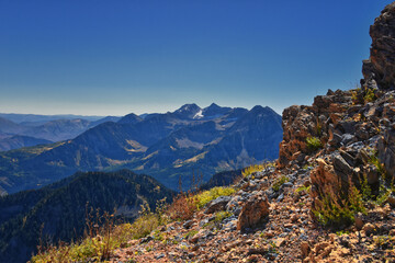 Mount Timpanogos Peak landscape view from Box Elder Peak, Wasatch Range Rocky Mountains, Uinta-Wasatch-Cache National Forest, Utah, United States