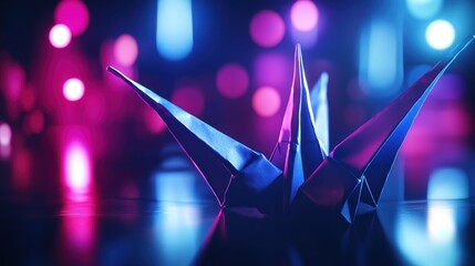 Origami crane neon lights reflection nightlife art