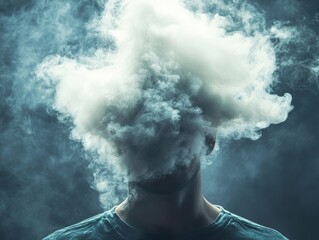 The image presents a striking visual metaphor for brain fog, showcasing a man engulfed in swirling, toxic fumes that symbolize the ongoing confusion and overwhelming mental strain he experiences