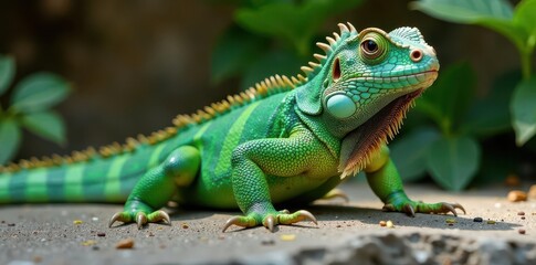 Escamosa iguana verde ca?da con cuerpo medio en cemento, cabeza, cemento, piso