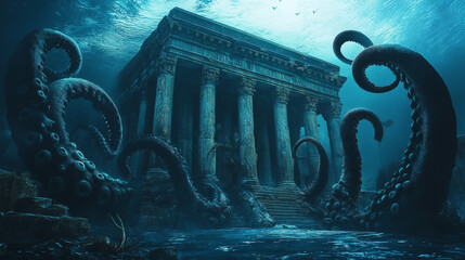 Sunken Ancient Temple with Shadowy Tentacles Cosmic Horror Fantasy