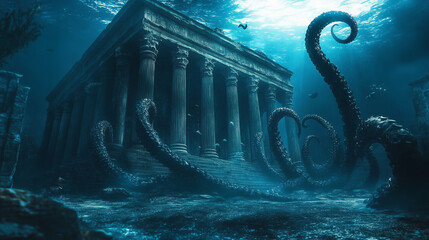 Sunken Ancient Temple with Shadowy Tentacles Cosmic Horror Fantasy