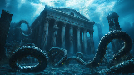 Sunken Ancient Temple with Shadowy Tentacles Cosmic Horror Fantasy