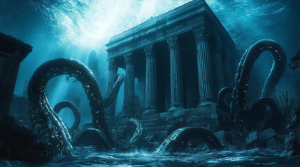 Sunken Ancient Temple with Shadowy Tentacles Cosmic Horror Fantasy
