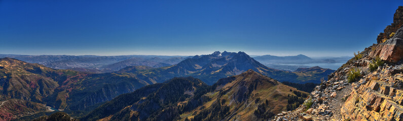 Mount Timpanogos Peak landscape view from Box Elder Peak, Wasatch Range Rocky Mountains, Uinta-Wasatch-Cache National Forest, Utah, United States
