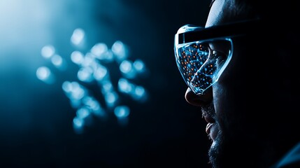 A scientist observing molecular structures through advanced goggles in a dark lab setting