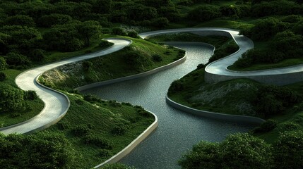 Serpentine river winding through lush green hills under a twilight sky, tranquil nature scene