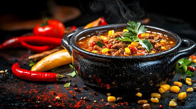 Bowl of chili soup with spoon and fresh chilis on a wooden table background