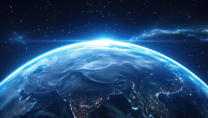 Obraz premium High angle view of a digital representation of Earth, detailed with glowing light points, depicting continents and city lights. Sunrise effect on the horizon of the planet in a vast space background