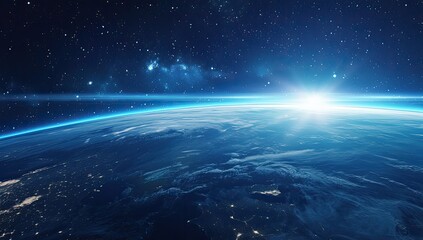 Obraz premium High angle view of earth, immense space, glowing sunrise over planet, scattered stars, detailed clouds and landmasses visible, dark night sky backdrop