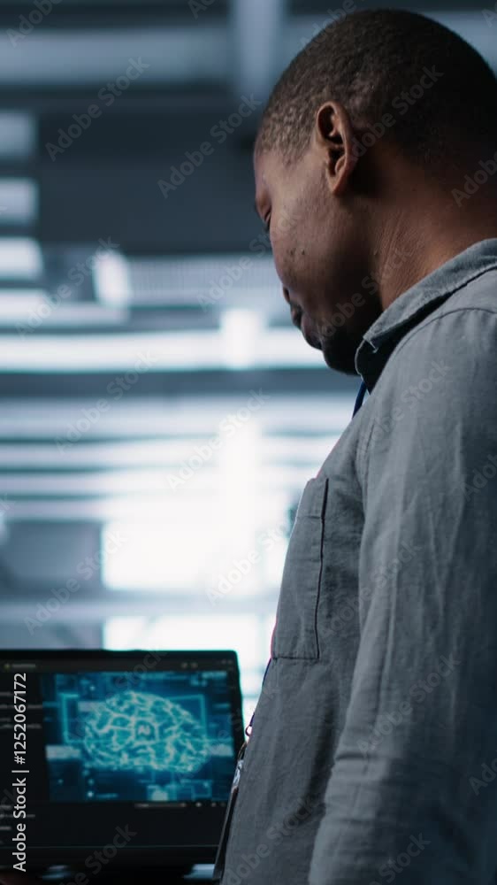 Poster vertical video software developers in data center using laptop, employing ai machine learning models