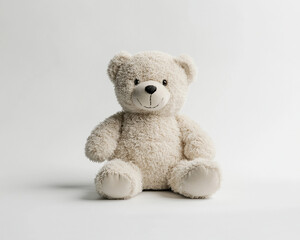 A plush beige teddy bear with soft fur sitting upright on its hind legs against a white background. The bear features a round face, black eyes, and small shoes, capturing a warm, adorable look.