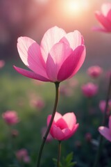Fototapeta premium Soft pink petals sway gently in the morning breeze, sunrise, landscape, dawn