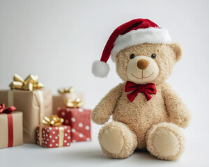 A plush teddy bear wearing a festive Santa hat sits on a white background, surrounded by neatly wrapped Christmas gifts, evoking warmth and holiday cheer.