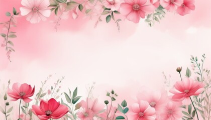 Obraz premium Zarte rosa Blumen mit grünen Blättern, stilvoll auf einem zarten Hintergrund mit pastellrosa Aquarellakzenten arrangiert – ein modernes Design in der Trendfarbe „Transcendent Pink“. Generative KI.