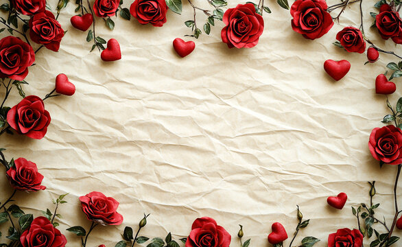 A romantic lined paper background decorated with delicate red roses and scattered hearts, evoking a nostalgic charm. The soft lighting enhances its warm and sentimental appeal.