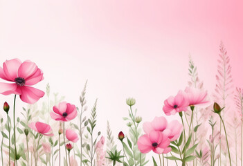 Fototapeta premium Sanfte rosa Blumen und Gräser vor einem weichen pastellrosa Verlauf – ein romantisches Design in der Trendfarbe „Transcendent Pink“. Generative KI.