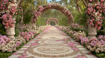 Rose arch path, garden wedding, floral decor, romantic background