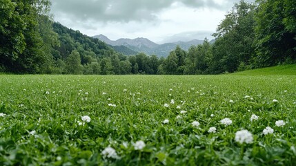 Obraz premium Lush green meadow with white flowers, mountains in the background. Possible use Nature background, travel brochure