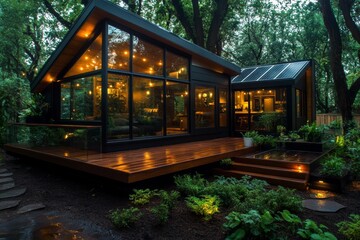 A lush, enchanting forest with tall trees, glowing fireflies, a winding path, and a cozy wooden cottage. Generative AI