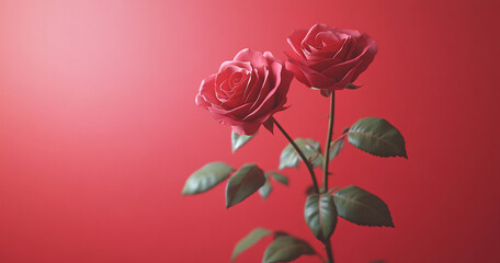 Red roses on a red background create a rich Valentine?? theme. Soft lighting, bokeh, and close-up focus highlight the texture and elegance of the flowers in a romantic, one-of-a-kind composition.