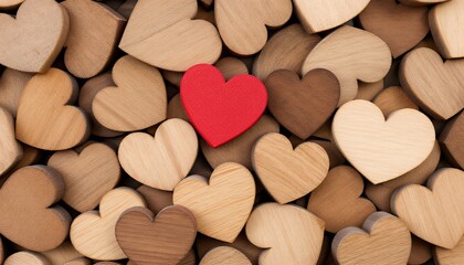 Obraz premium Wooden Hearts Background with One Red Heart for Valentine's Day