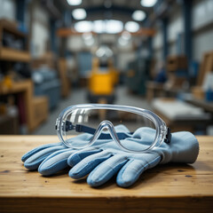 Safety Glasses and Work Gloves on Wood Table in Workshop