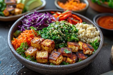Fototapeta premium Bowls of food are arranged on a table with a knife food background