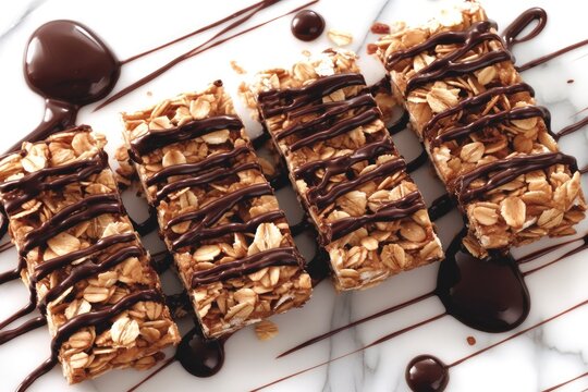 Four chocolate-covered granola bars arranged on a white marble surface, drizzled with melted chocolate