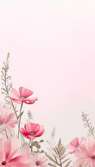 Fototapeta premium Zarte rosa Blumen mit grünen Blättern, stilvoll auf einem zarten Hintergrund mit pastellrosa Aquarellakzenten arrangiert – ein modernes Design in der Trendfarbe „Transcendent Pink“. Generative KI.