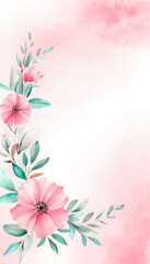 Fototapeta premium Zarte rosa Blumen mit grünen Blättern, arrangiert auf einem sanften pastellrosa Hintergrund – romantisch, leicht und naturverbunden. Generative KI.