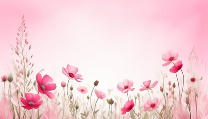 Fototapeta premium Sanfte rosa Blumen und Gräser vor einem weichen pastellrosa Verlauf – ein romantisches Design in der Trendfarbe „Transcendent Pink“. Generative KI.