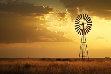 The golden hour tones illuminating a peaceful countryside windmill at dawn