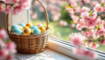 Colored or decorated Easter eggs in a basket on the windowsill; and a spring sunny natural background with blooming trees.