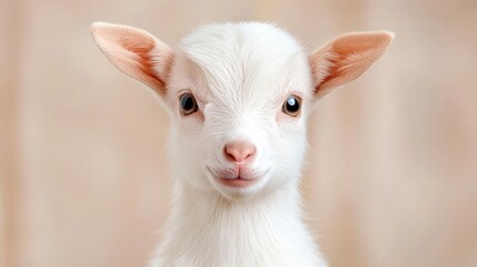 Adorable baby goat portrait, farm background