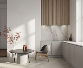 Aesthetic elegant minimalist modern interior design. Clear mock up empty wall for decoration in the apartment. Copy space in the room.