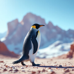 Fototapeta premium A striking side view of a penguin walking on desert land under a harsh clear blue sky, perfect for creative projects and wildlife themes.